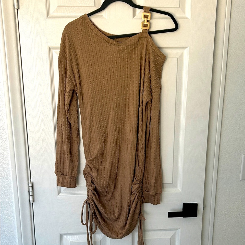 Brown Ribbed Off-Shoulder Dress